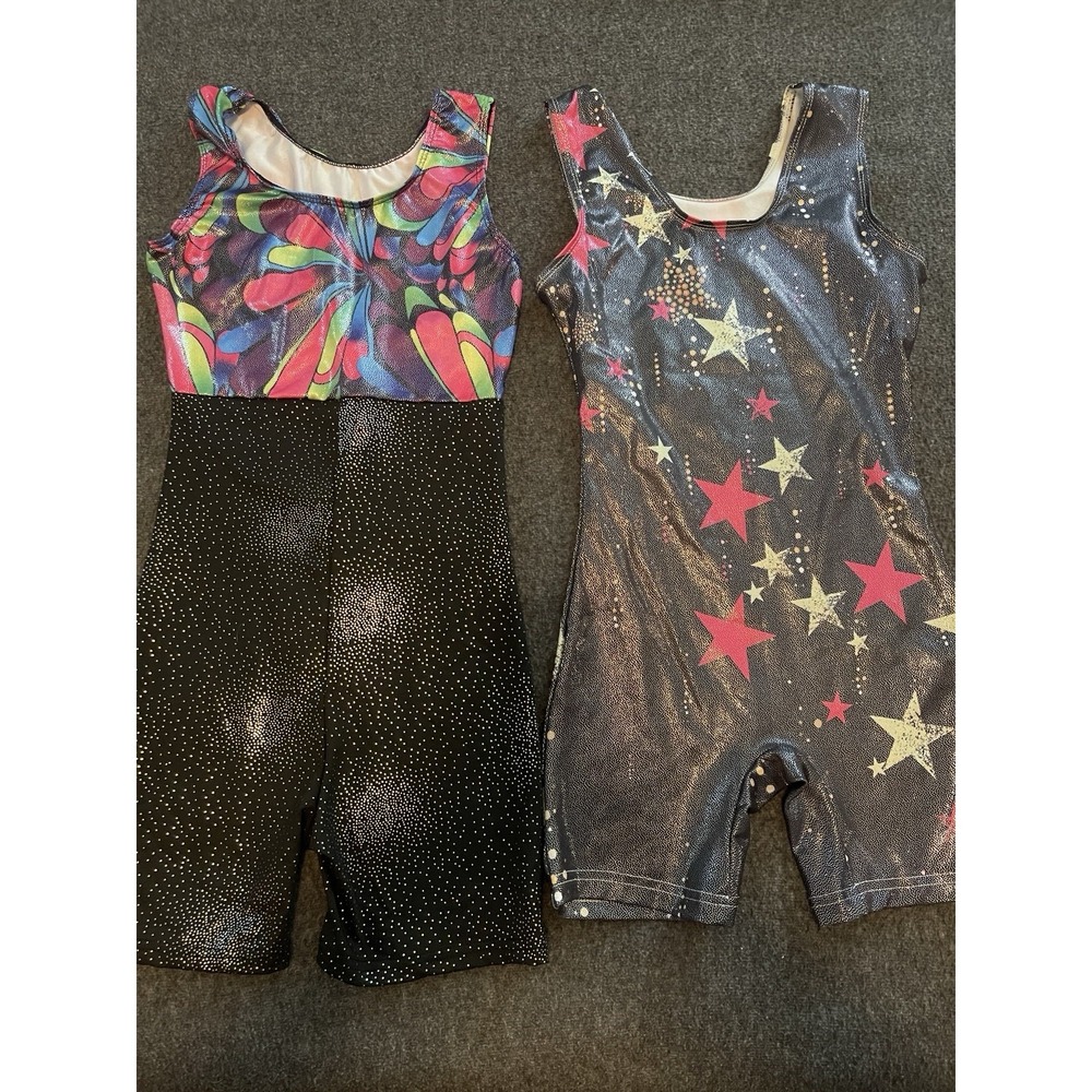 2 Girls Gymnastics Leotard Size 150 Sparkly Black Starry Biketard Unitard Shorts
